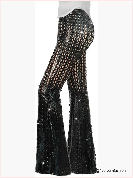 Pants - Sequin Flare Pants High Waisted Bell Bottom Sparkly Glitter Party Trousers